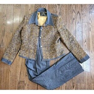Max Nugus Haute Couture Ladies Pant Suit Size S 34" Tweed & Denim Jacket & Pants
